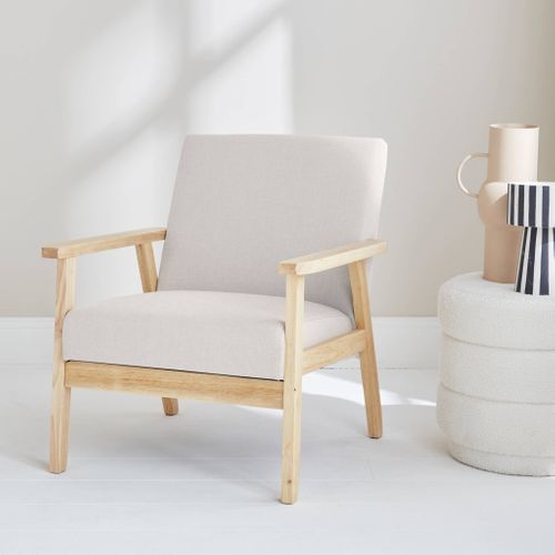 Fauteuil Scandinave En Bois Et Tissu Crème. Isak. L 64 X P 69.5 X H 73cm