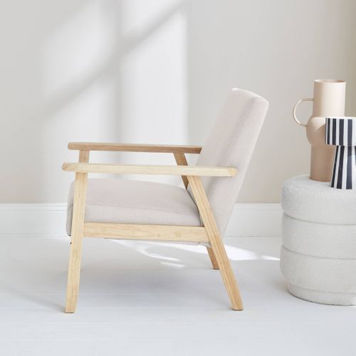 Fauteuil Scandinave En Bois Et Tissu Crème. Isak. L 64 X P 69.5 X H 73cm