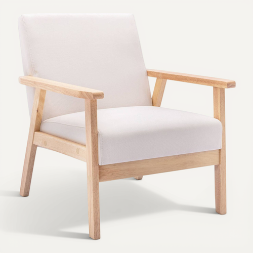 Fauteuil Scandinave En Bois Et Tissu Crème. Isak. L 64 X P 69.5 X H 73cm