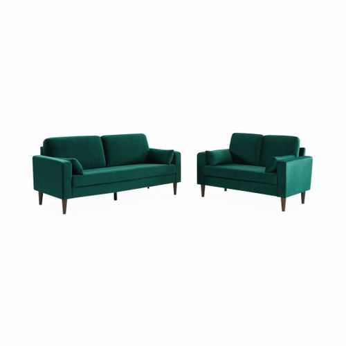 Canapé En Velours Vert Anglais - Bjorn - Canapé 3 Places Fixe Droit Pieds Bois D'hévéa Effet Bois