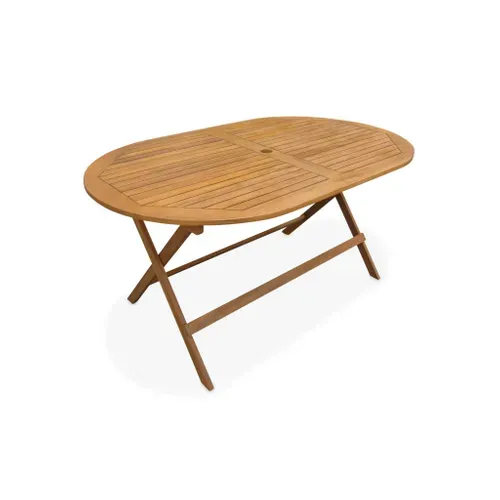 Table De Jardin Pliante Bois D'acacia + 6 Assises 150cm En Bois D'acacia Déjà Huilé. Forme Ovale