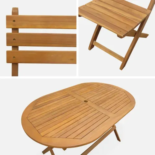 Table De Jardin Pliante Bois D'acacia + 6 Assises 150cm En Bois D'acacia Déjà Huilé. Forme Ovale