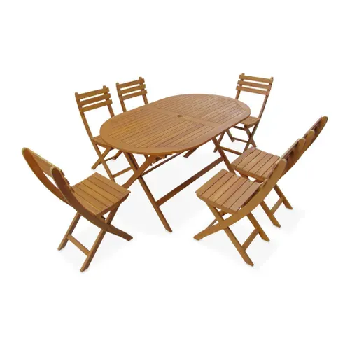 Table De Jardin Pliante Bois D'acacia + 6 Assises 150cm En Bois D'acacia Déjà Huilé. Forme Ovale