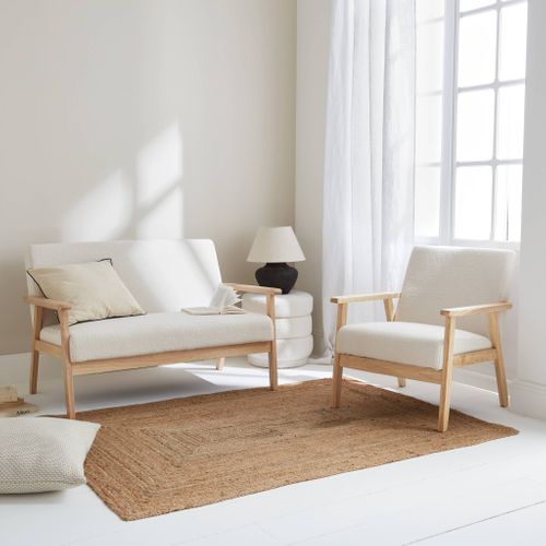 Banquette Et Fauteuil En Bois Et Tissu Bouclette. Isak. L 114 X L 69.5 X H 73cm
