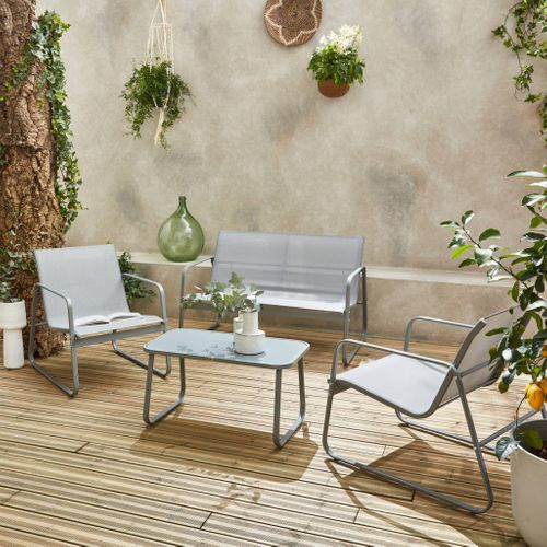 Salon De Jardin En Métal  Et Textilène Pour 4 Personnes. Gris Clair. Design