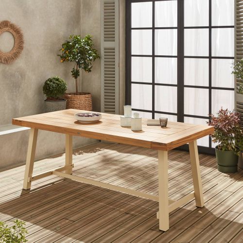 Table Intérieur/extérieur En Bois Clair. Effet Teck Et Acier Galvanisé Ivoire. Fortaleza L190 X