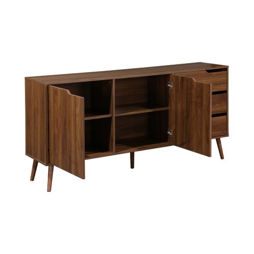 Buffet De Rangement Scandinave. Buffet Haut. Vaisselier. 2 Portes. 3 Tiroirs. Décor Bois De Noyer.