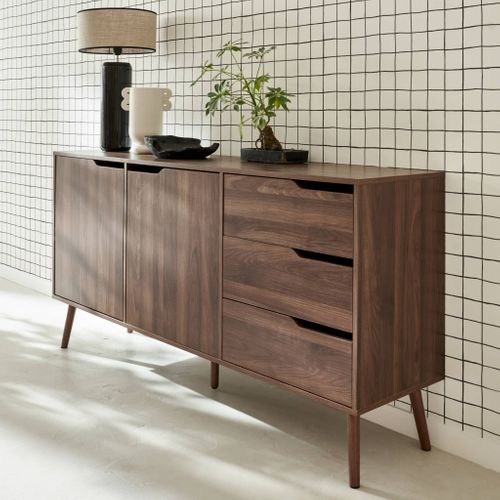Buffet De Rangement Scandinave. Buffet Haut. Vaisselier. 2 Portes. 3 Tiroirs. Décor Bois De Noyer.