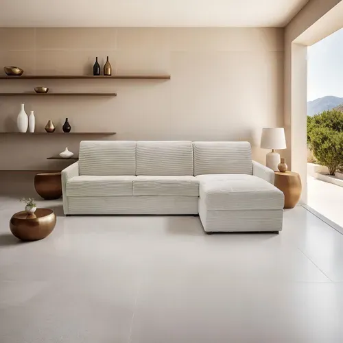 Canapé D'angle Réversible Convertible 3 Places En Velours Côtelé Beige - Ouverture Express - Sienne