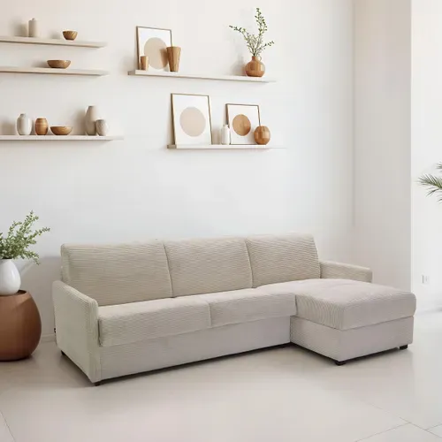 Canapé D'angle Réversible Convertible 3 Places En Velours Côtelé Beige - Ouverture Express - Sienne