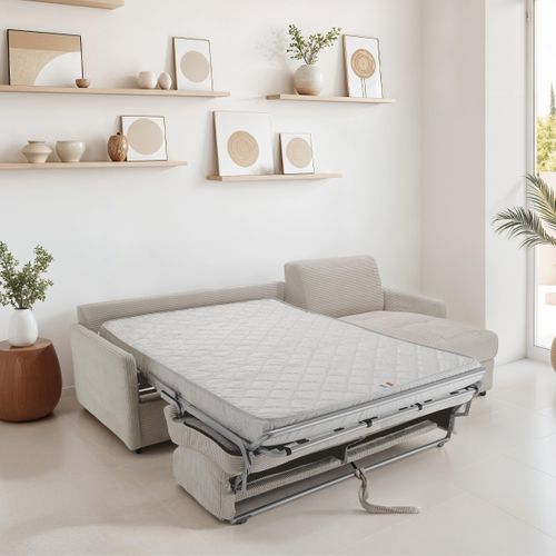 Canapé D'angle Réversible Convertible 3 Places En Velours Côtelé Beige - Ouverture Express - Sienne