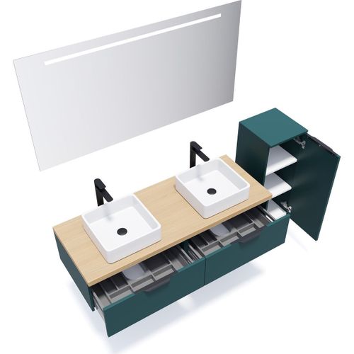 Ensemble Salle De Bain 2 Vasques Posées 140cm 2 Tiroirs Bleu + Miroir + Colonne Droite - Soho