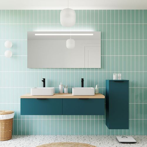 Ensemble Salle De Bain 2 Vasques Posées 140cm 2 Tiroirs Bleu + Miroir + Colonne Droite - Soho