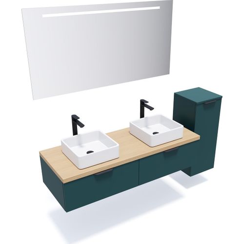 Ensemble Salle De Bain 2 Vasques Posées 140cm 2 Tiroirs Bleu + Miroir + Colonne Droite - Soho