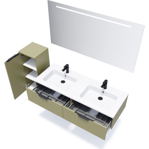 Meuble De Salle De Bain Double Vasque 140cm 2 Tiroirs Vert + Miroir - Soho