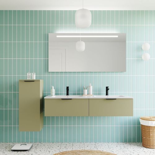 Meuble De Salle De Bain Double Vasque 140cm 2 Tiroirs Vert + Miroir - Soho
