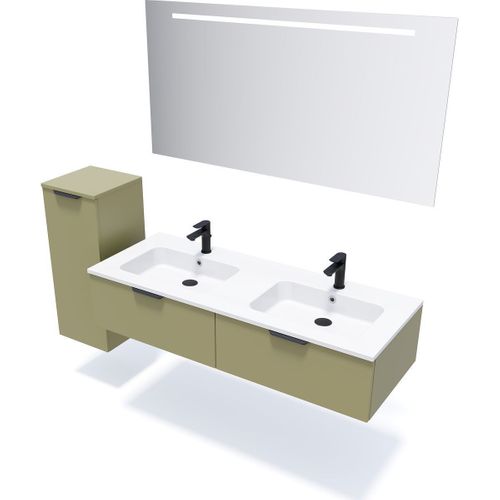Meuble De Salle De Bain Double Vasque 140cm 2 Tiroirs Vert + Miroir - Soho