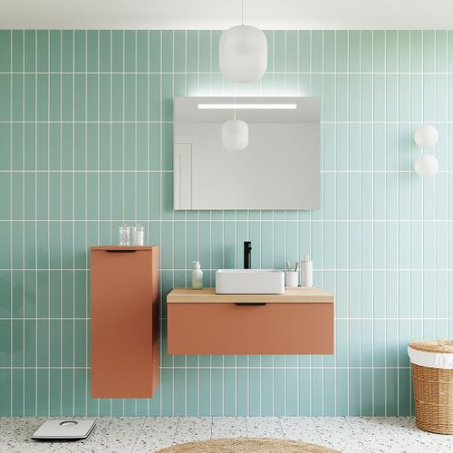 Meuble De Salle De Bain Vasque Posée 90cm 1 Tiroir Terracotta + Miroir - Soho