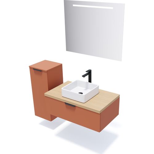 Meuble De Salle De Bain Vasque Posée 90cm 1 Tiroir Terracotta + Miroir - Soho