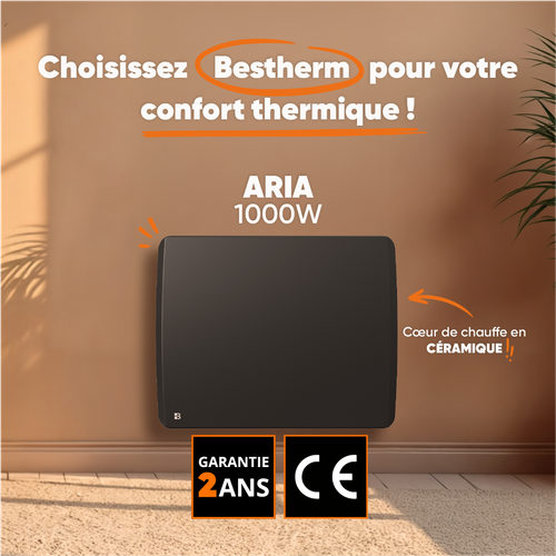 Radiateur électrique Fixe à Inertie Sèche Céramique 1000w  Aria Horizontal Noir