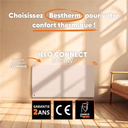Radiateur électrique Fixe Connecté Wifi Inertie Sèche Céramique 2000w Illo Connect Horizontal Blanc