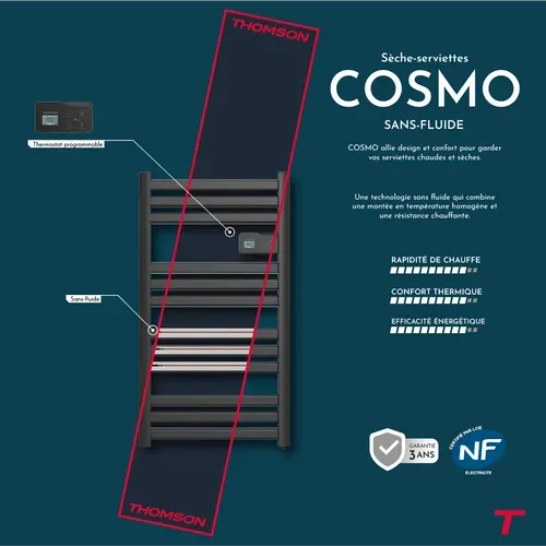 Sèche-serviette électrique Sans Fluide Connecté Wifi 500w  Cosmo Noir