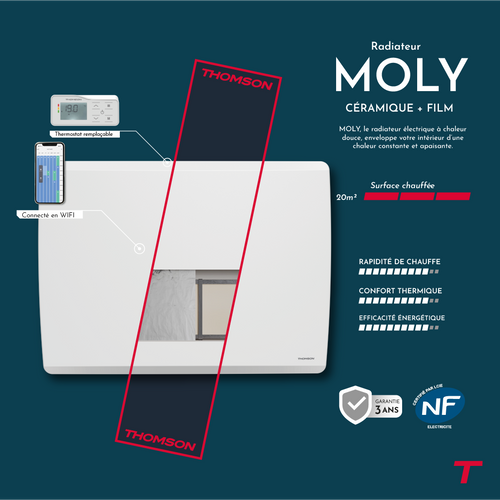 Radiateur électrique Fixe Connecté Wifi à Inertie Sèche Céramique + Film 2000w Moly Horizontal Blanc