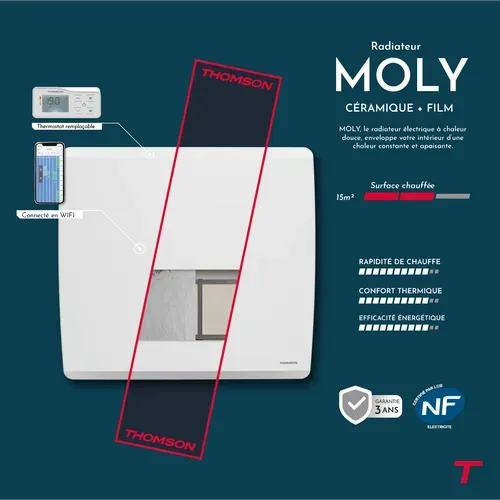 Radiateur électrique Fixe Connecté Wifi à Inertie Sèche Céramique + Film 1500w Moly Horizontal Blanc