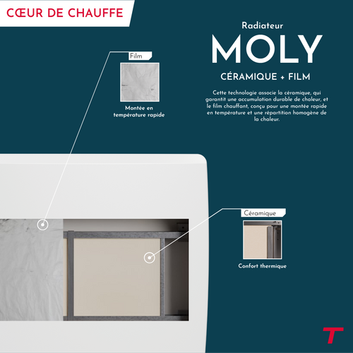 Radiateur électrique Fixe Connecté Wifi à Inertie Sèche Céramique + Film 1500w Moly Horizontal Blanc