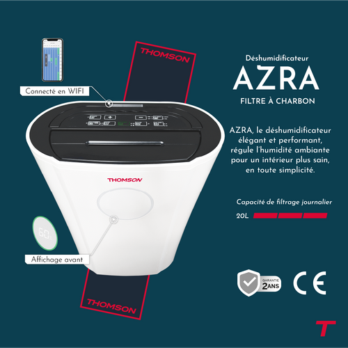 Déshumidificateur D'air Connecté Azra 20l/jour, Purificateur D'air, Filtre Charbon Actif Anti-odeurs