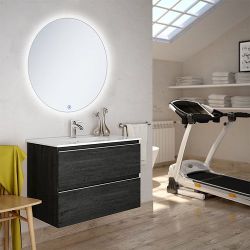 Meuble De Salle De Bain Simple Vasque - Balea Et Miroir Rond LED Solen - Ebony (bois Noir) - 70cm