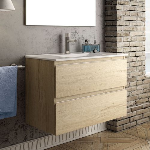 Meuble De Salle De Bain Simple Vasque - Balea Et Miroir Rond LED Solen - Bambou (chêne Clair) - 70cm