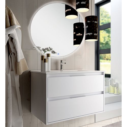 Meuble De Salle De Bain Simple Vasque - 2 Tiroirs - Iris Et Miroir Rond LED Solen - Blanc - 80cm