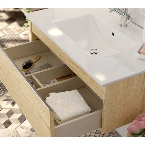 Meuble De Salle De Bain Simple Vasque - Pena Et Miroir Rond LED Solen - Bambou (chêne Clair) - 120cm