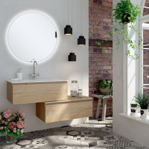 Meuble De Salle De Bain Simple Vasque - Pena Et Miroir Rond LED Solen - Bambou (chêne Clair) - 120cm