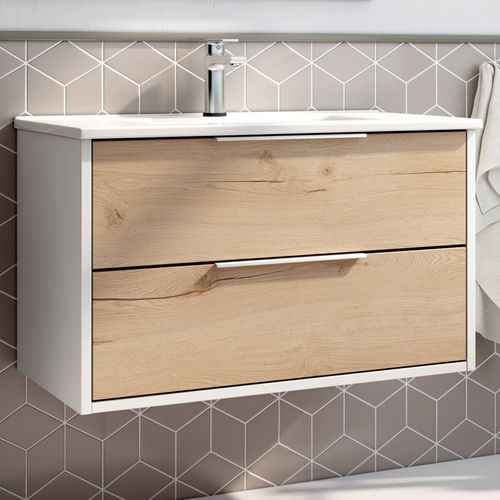 Meuble De Salle De Bain Simple Vasque - 2 Tiroirs - Alba Et Miroir Veldi - Blanc-chêne - 80cm