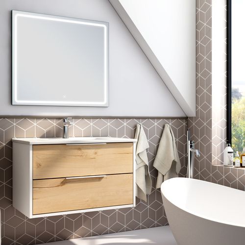 Meuble De Salle De Bain Simple Vasque - 2 Tiroirs - Alba Et Miroir Veldi - Blanc-chêne - 80cm