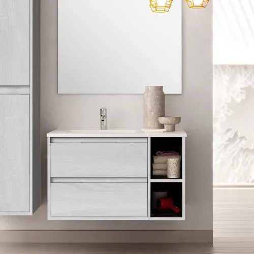 Meuble De Salle De Bain Vasque Déportée - Olympe Et Miroir LED Stam - Bois Blanchi - 80cm