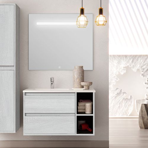 Meuble De Salle De Bain Vasque Déportée - Olympe Et Miroir LED Stam - Bois Blanchi - 80cm