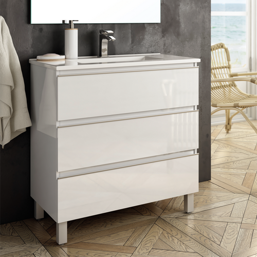 Meuble De Salle De Bain Simple Vasque - 3 Tiroirs - Palma Et Miroir LED Veldi - Blanc - 80cm