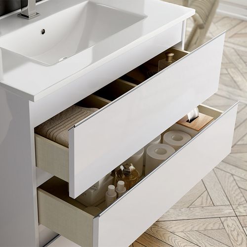 Meuble De Salle De Bain Simple Vasque - 3 Tiroirs - Palma Et Miroir LED Veldi - Blanc - 80cm