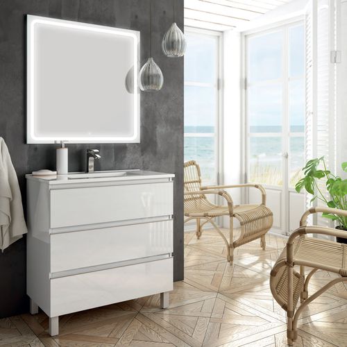 Meuble De Salle De Bain Simple Vasque - 3 Tiroirs - Palma Et Miroir LED Veldi - Blanc - 80cm