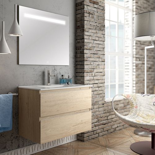 Meuble De Salle De Bain Simple Vasque - Balea Et Miroir LED Stam - Bambou (chêne Clair) - 100cm