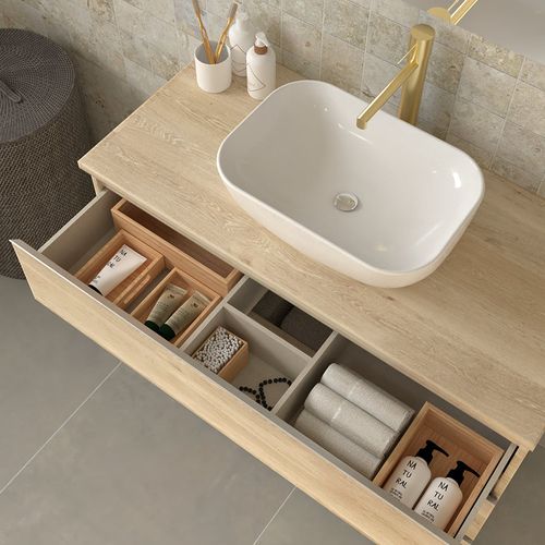 Meuble De Salle De Bain Sans Miroir Avec Vasque Arrondie Palma - Bambou - 80cm