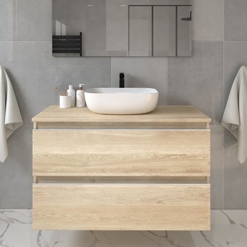 Meuble De Salle De Bain Avec Vasque à Poser Arrondie Et Miroir Balea - Chêne Clair- 70cm