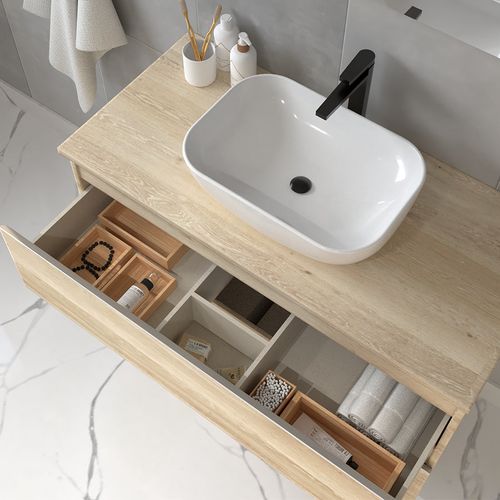 Meuble De Salle De Bain Avec Vasque à Poser Arrondie Et Miroir Balea - Chêne Clair- 70cm