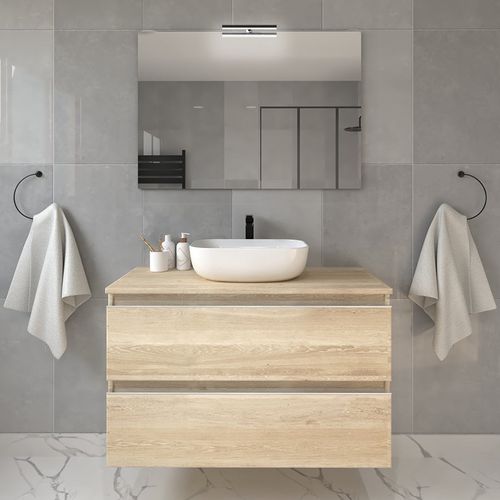 Meuble De Salle De Bain Avec Vasque à Poser Arrondie Et Miroir Balea - Chêne Clair- 70cm