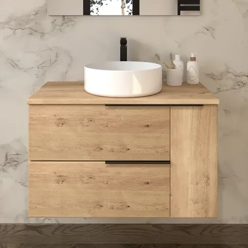 Meuble De Salle De Bain 80cm Avec Vasque à Poser Ronde Et Miroir Avec Armoirette King - Chêne Clair