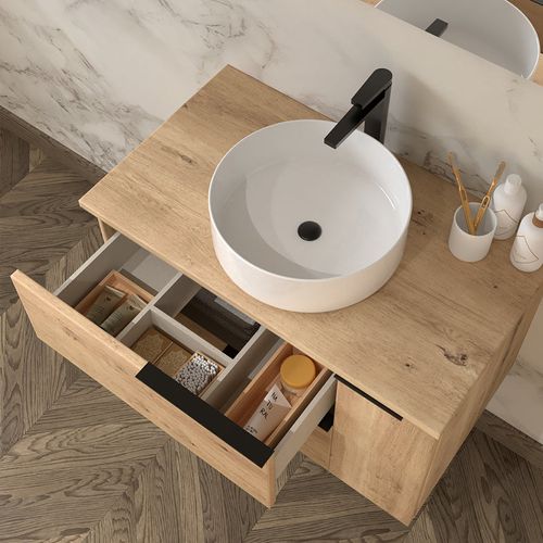 Meuble De Salle De Bain 80cm Avec Vasque à Poser Ronde Et Miroir Avec Armoirette King - Chêne Clair