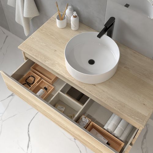 Meuble De Salle De Bain Avec Vasque à Poser Ronde Balea Et Miroir LED Stam - Blanc - 100cm